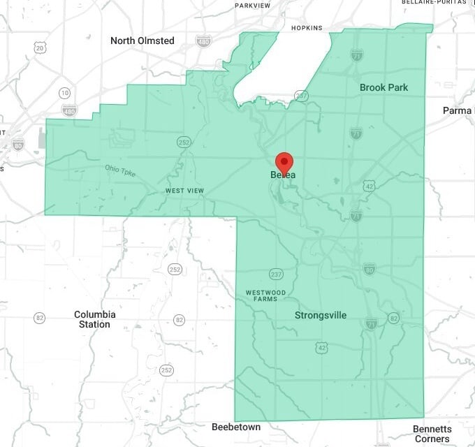 Court Finder map for 11 Berea Commons, Berea, Ohio: the pinned address sits inside the shaded Berea Municipal Court jurisdiction, which covers Berea, Brook Park and Strongsville