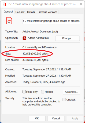 using built in properties to determine file size