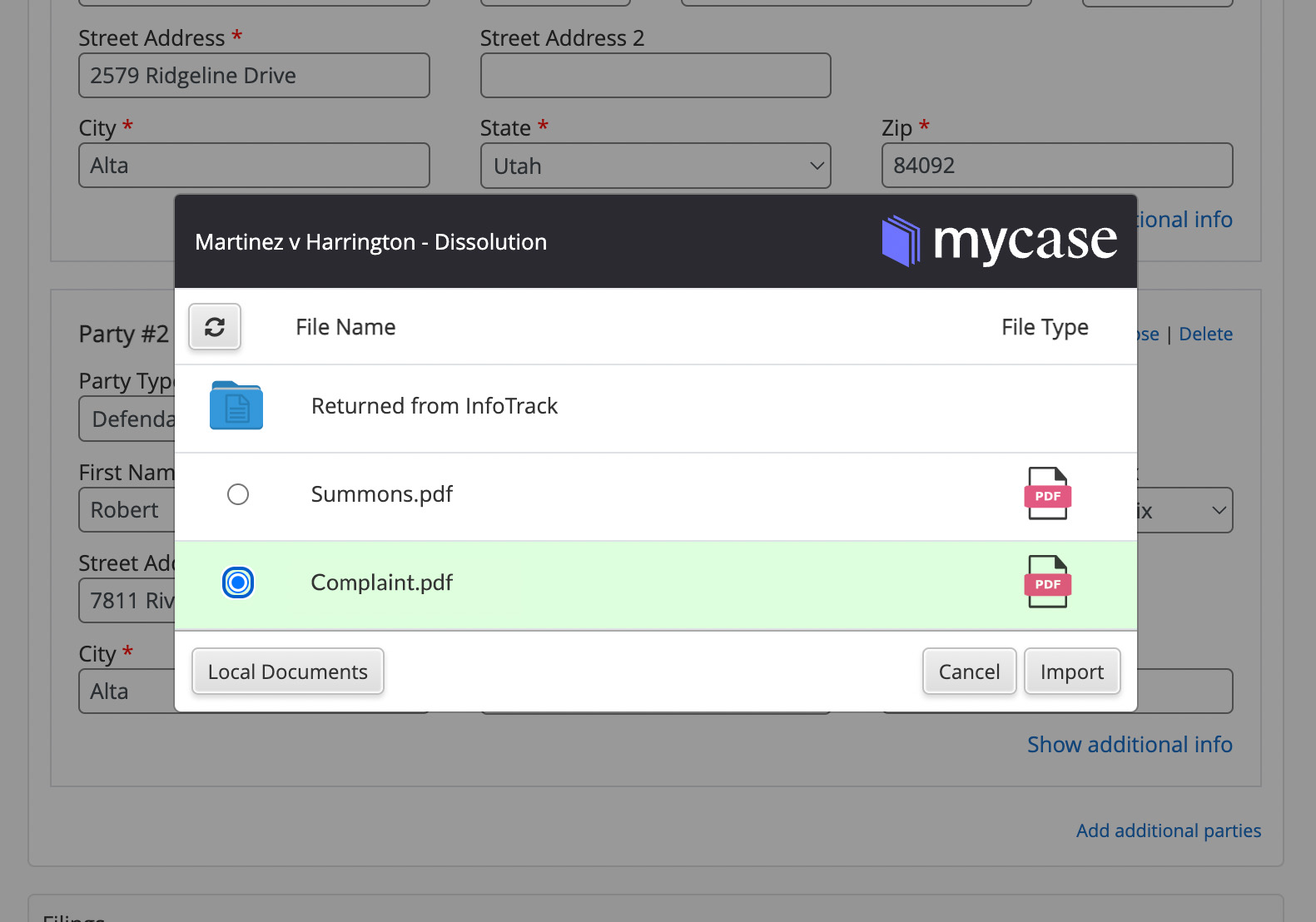 MyCase document selection
