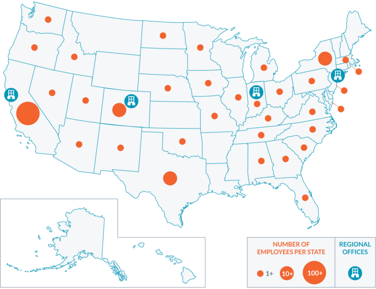 A map of the United States showing the locations of InfoTrack employees
